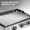 Stainless steel Royal Gourmet  griddle top with text highlighting features on a gray background