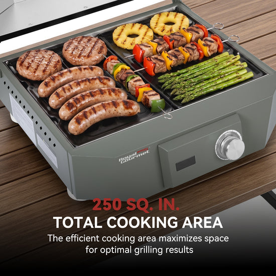 A portable electric Royal Gourmet  grill with a gray body and a control knob, shown cooking sausages, steaks, kebabs, pineapple slices, and asparagus on a wooden deck. Text at the bottom highlights 250 sq.