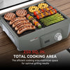 A portable electric Royal Gourmet  grill with a gray body and a control knob, shown cooking sausages, steaks, kebabs, pineapple slices, and asparagus on a wooden deck. Text at the bottom highlights 250 sq.
