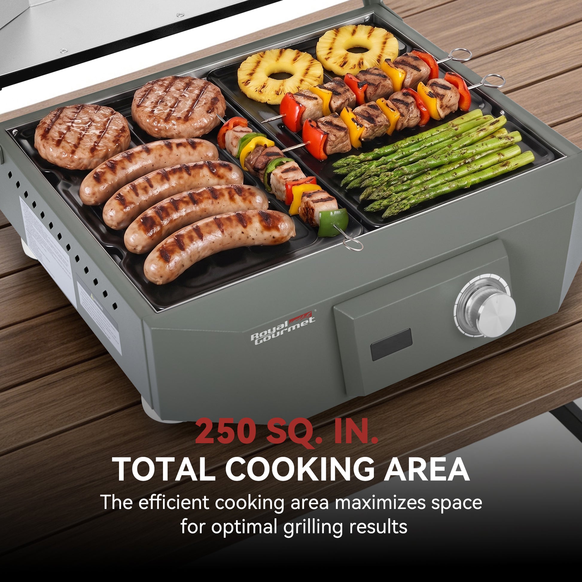 A portable electric Royal Gourmet  grill with a gray body and a control knob, shown cooking sausages, steaks, kebabs, pineapple slices, and asparagus on a wooden deck. Text at the bottom highlights 250 sq.