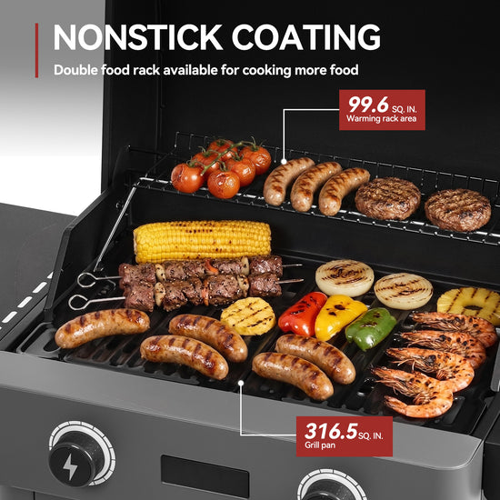 Royal Gourmet Grill with food on it, highlighting nonstick coating and cooking area dimensions.