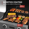 Royal Gourmet Grill with food on it, highlighting nonstick coating and cooking area dimensions.