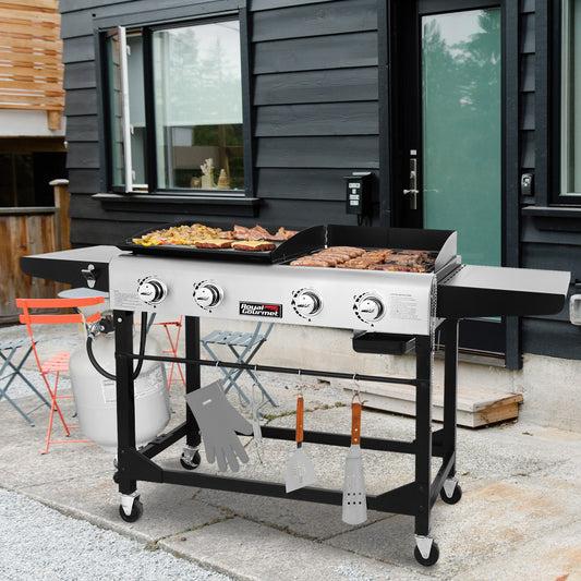 Royal Gourmet Outdoor grill with food on a patio area in front of a house.