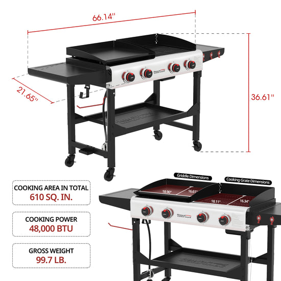 Black and silver Royal Gourmet  gas grill with side table and flat top griddle on a white background, shown with dimension lines and text listing cooking area, cooking power, and gross weight.