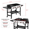 Black and silver Royal Gourmet  gas grill with side table and flat top griddle on a white background, shown with dimension lines and text listing cooking area, cooking power, and gross weight.