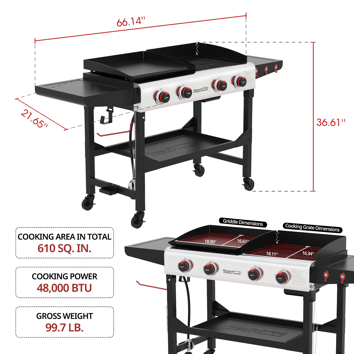 Black and silver Royal Gourmet  gas grill with side table and flat top griddle on a white background, shown with dimension lines and text listing cooking area, cooking power, and gross weight.
