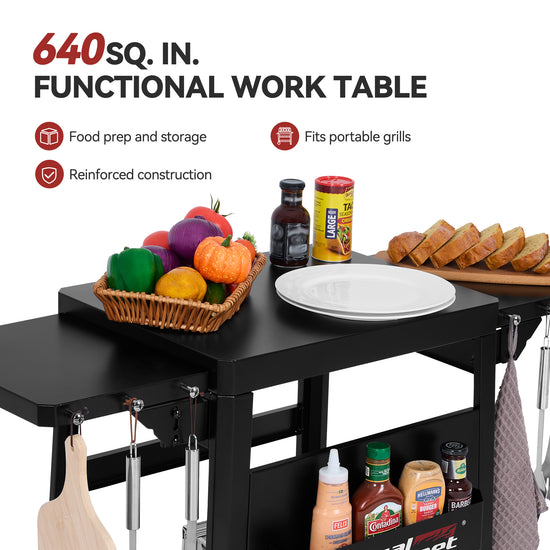 Black portable folding work table with a detachable side shelf, shown loaded with food prep items, bread, bottles, and hanging utensils. Text at the top reads '640 SQ.