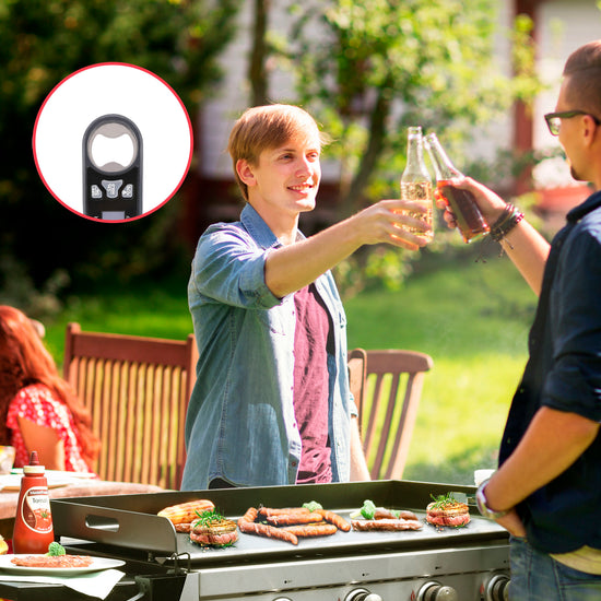Two people at a barbecue outdoors, one holding a bottle opener, with a close-up of the bottle opener inset.