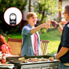 Two people at a barbecue outdoors, one holding a bottle opener, with a close-up of the bottle opener inset.