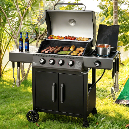 Black Royal Gourmet  gas grill with food and beer on a grassy outdoor setting