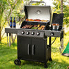 Black Royal Gourmet  gas grill with food and beer on a grassy outdoor setting