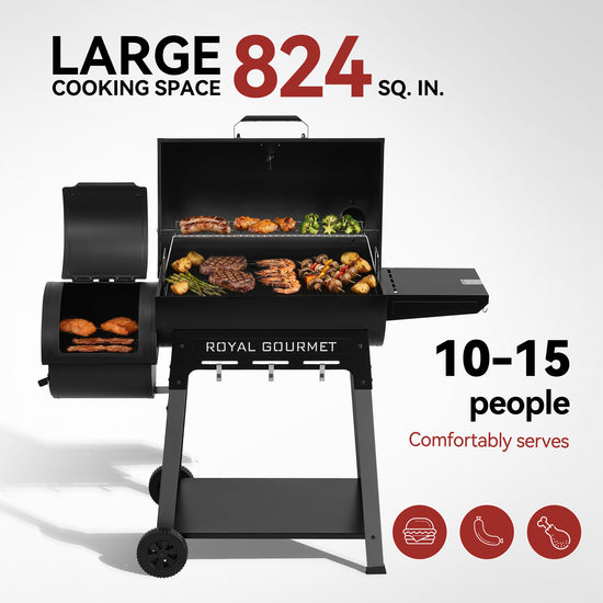 Black Royal Gourmet grill with food on a white background, featuring text about cooking space and servings capacity.