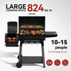 Black Royal Gourmet grill with food on a white background, featuring text about cooking space and servings capacity.