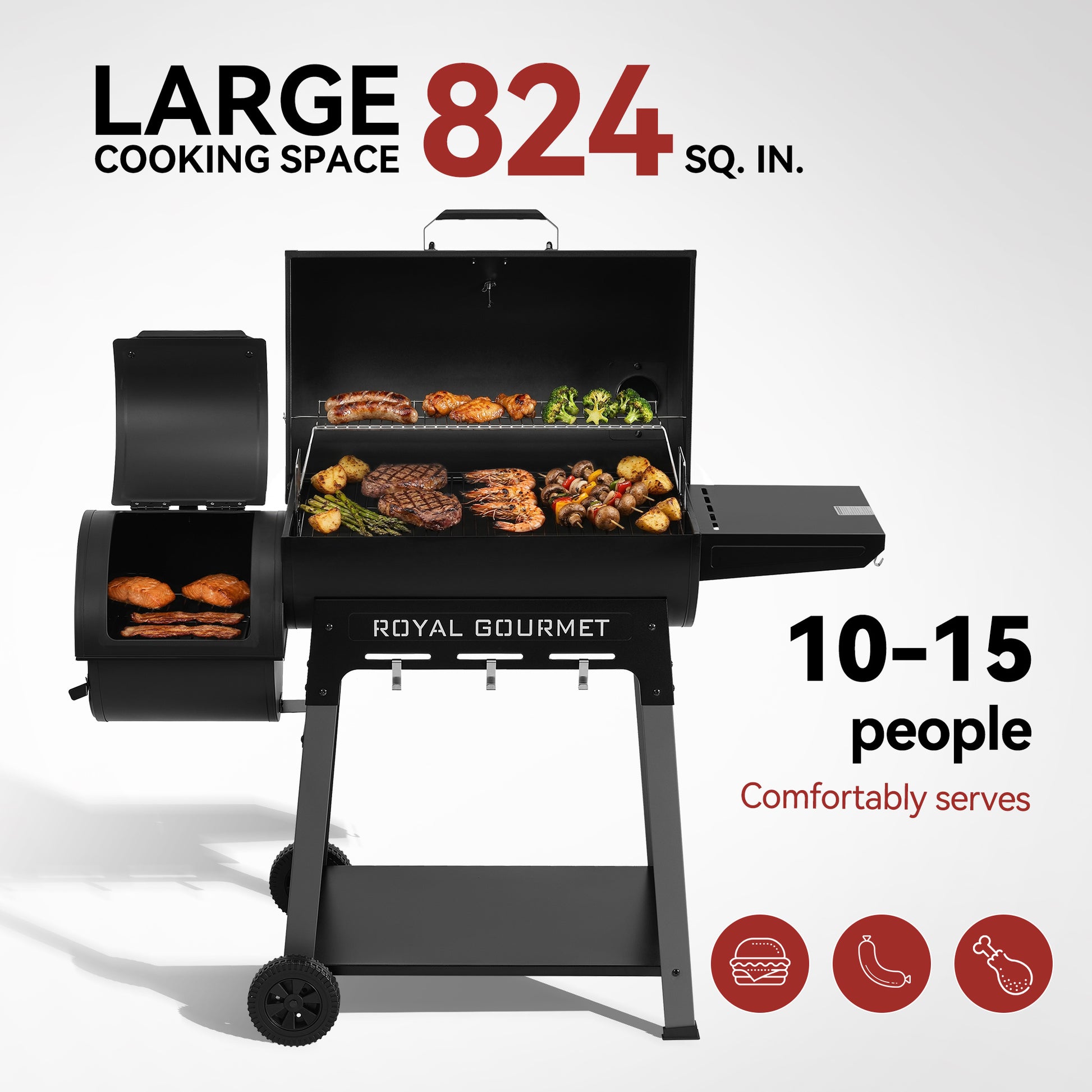 Black Royal Gourmet grill with food on a white background, featuring text about cooking space and servings capacity.