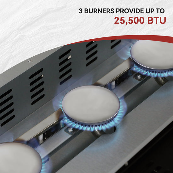 Royal Gourmet Gas stove with three burners and text indicating 25,500 BTU output.