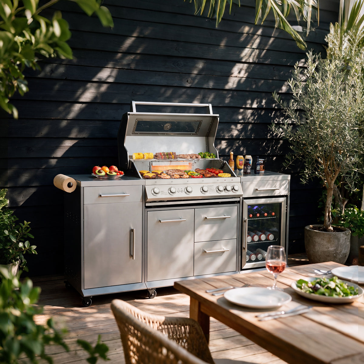 A stainless steel Royal Gourmet outdoor kitchen set with a built-in grill, wine cooler, and side cabinets, staged on a wooden deck against a dark wood-paneled wall with potted plants and a dining table in the foreground.