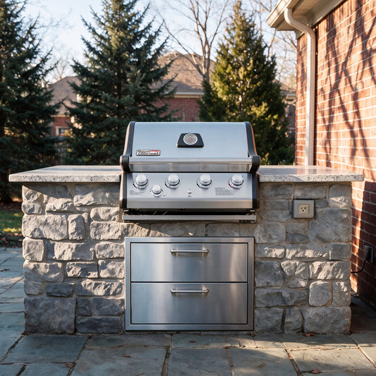 A stainless steel outdoor Royal Gourmet  gas grill with four burners is mounted on a stone and concrete backyard island, with a brick house and evergreen trees in the background.