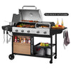 Royal Gourmet Outdoor grill cart with cooking utensils, ingredients, and a pizza stone not included label.