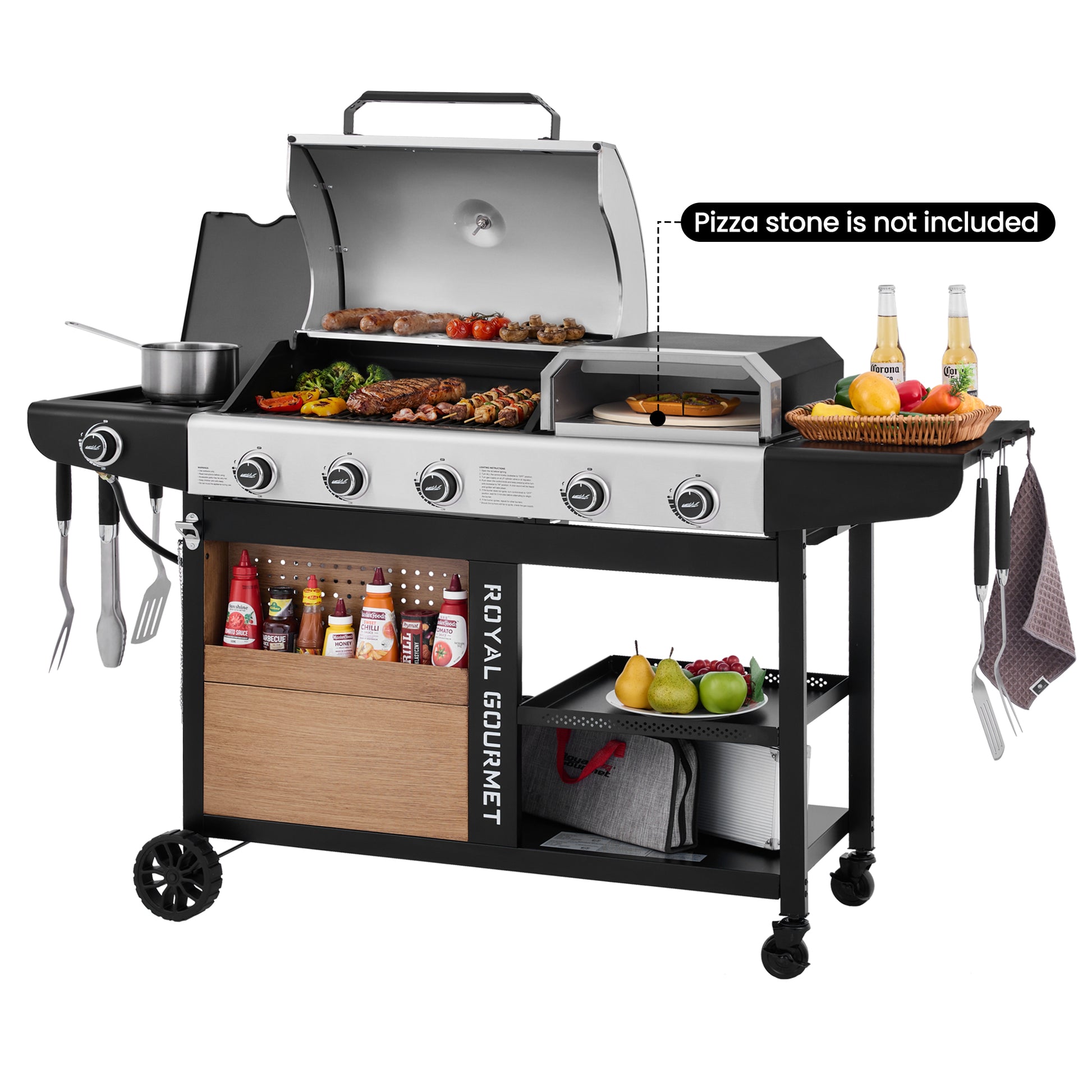 Royal Gourmet Outdoor grill cart with cooking utensils, ingredients, and a pizza stone not included label.