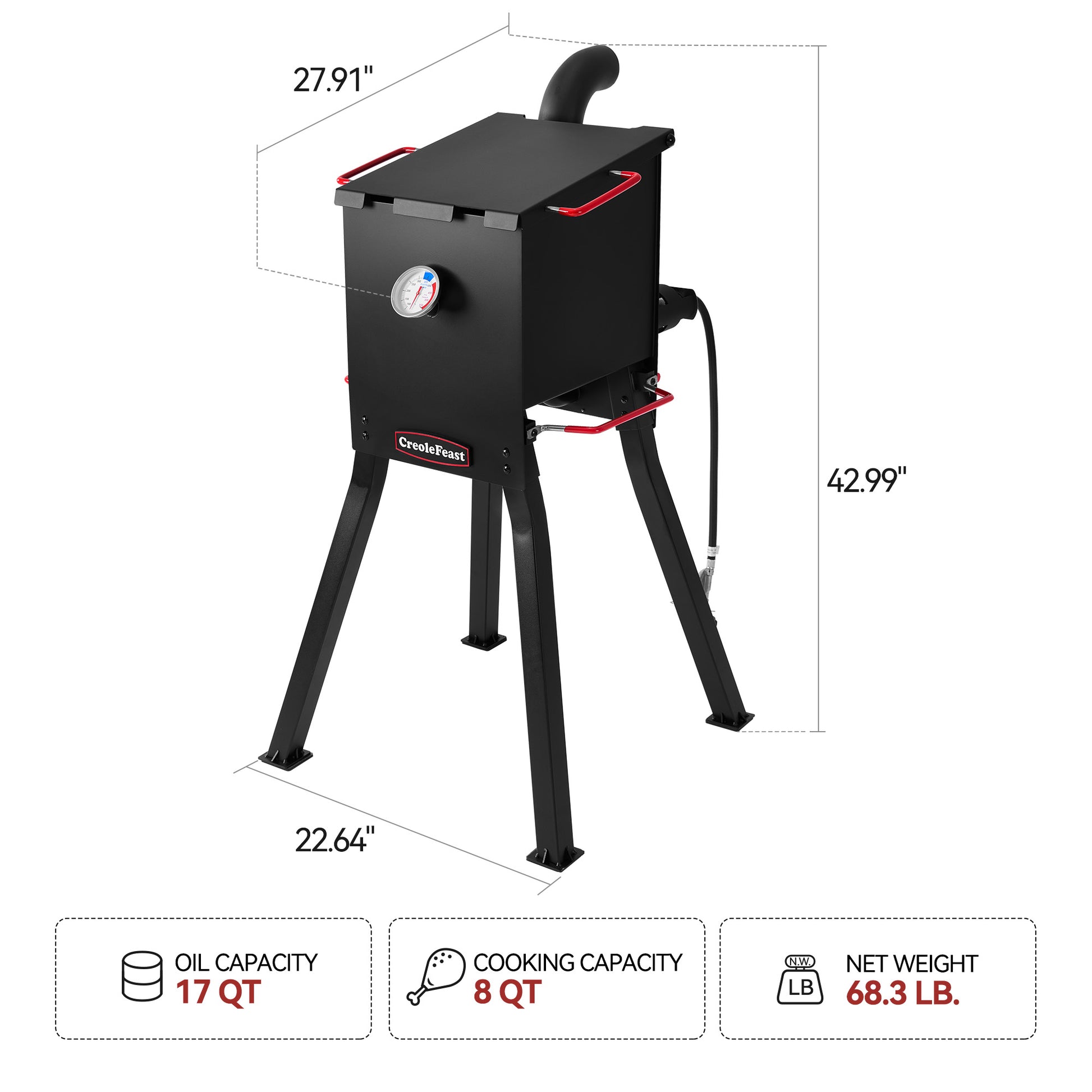 Royal Gourmet Black smoker grill with dimensions and specifications on a white background