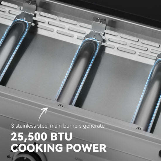 Stainless steel main burners on a Royal Gourmet gas grill with text indicating cooking power.