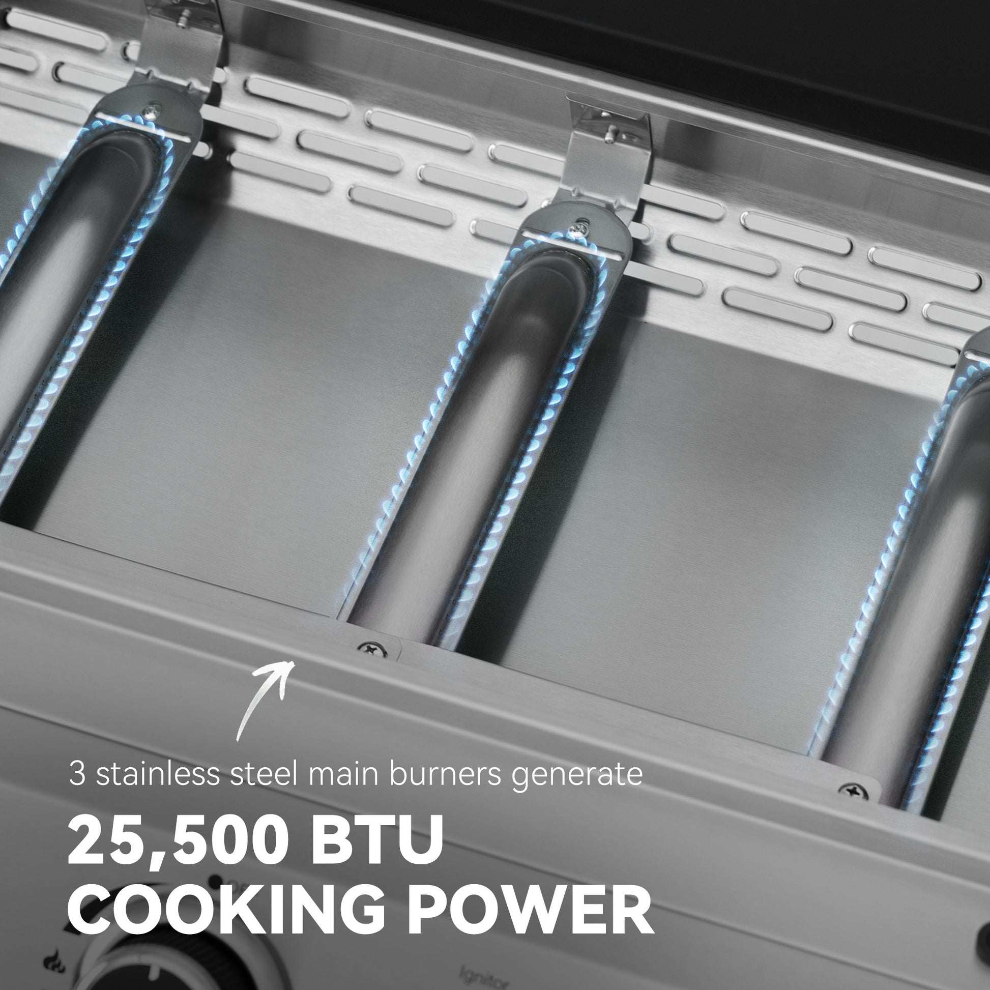 Stainless steel main burners on a Royal Gourmet gas grill with text indicating cooking power.