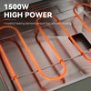 Close-up of a high-power cooking element inside a stainless steel appliance, with glowing orange heating tubes and large text reading '1500W HIGH POWER' and a supporting phrase about fast, efficient cooking.