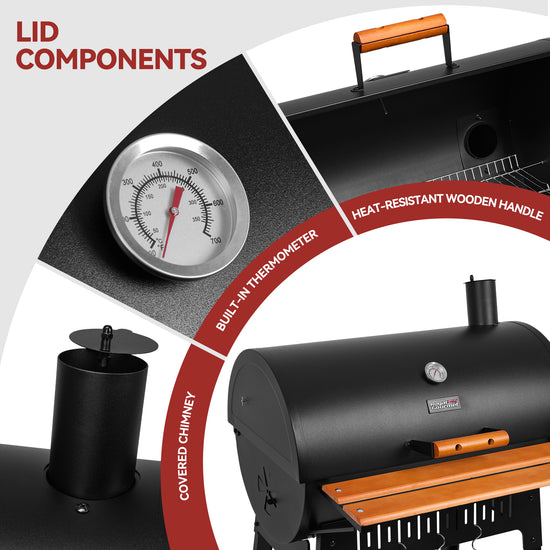 Royal Gourmet Barbecue grill with lid components highlighted, including a thermometer and wooden handle.