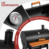 Royal Gourmet Barbecue grill with lid components highlighted, including a thermometer and wooden handle.