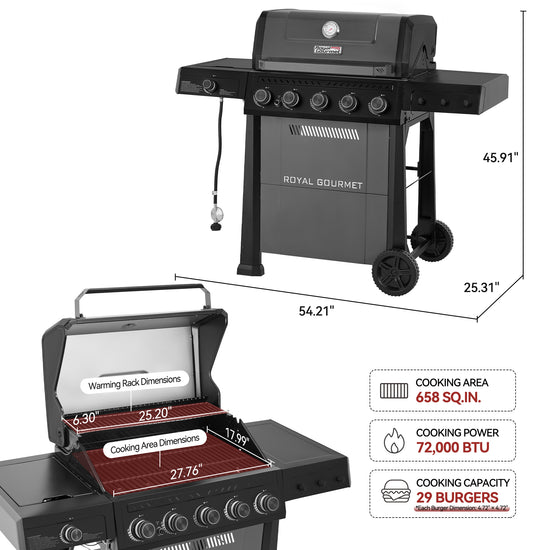 Royal Gourmet gas grill shown on a white background with dimension callouts, including width, height, and rack dimensions. An inset shows the open grill with cooking area measurements and red grates.