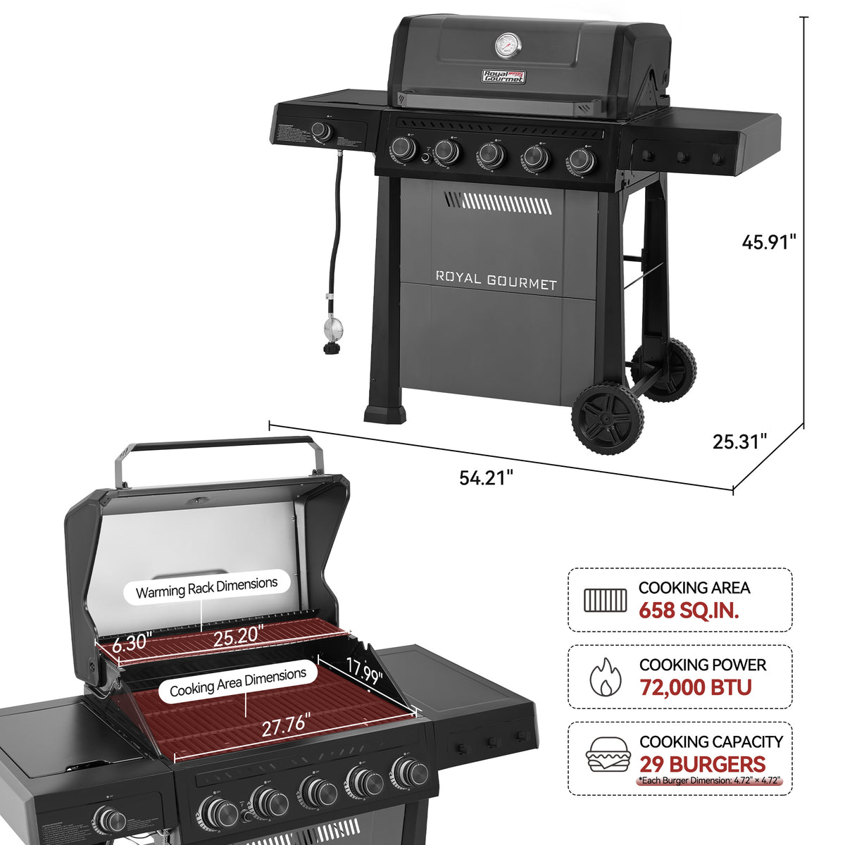 Royal Gourmet gas grill shown on a white background with dimension callouts, including width, height, and rack dimensions. An inset shows the open grill with cooking area measurements and red grates.