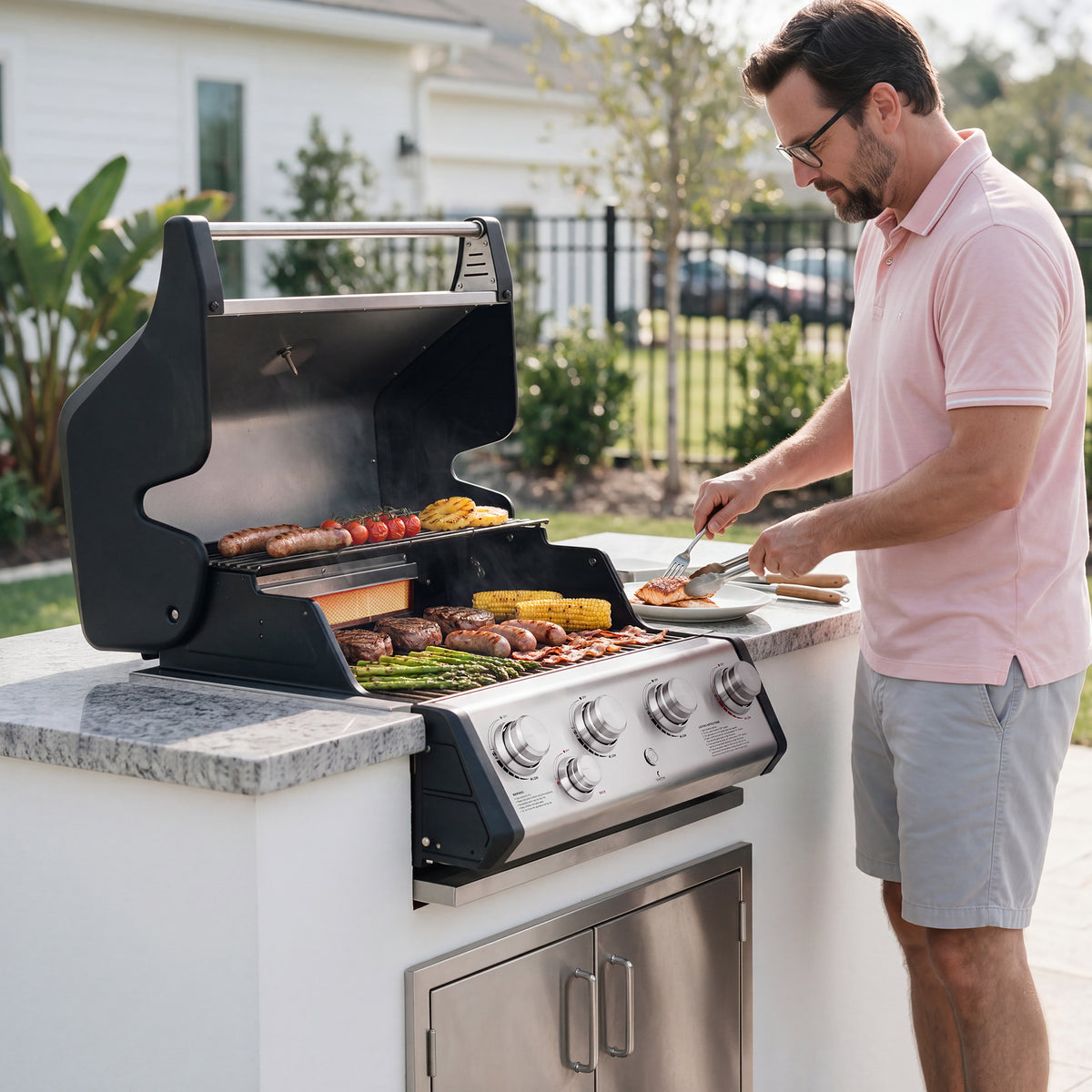 A man in a pink polo shirt and gray shorts grilling outdoors on a stainless steel and black Royal Gourmet  gas grill built into a white outdoor kitchen island with a granite countertop.