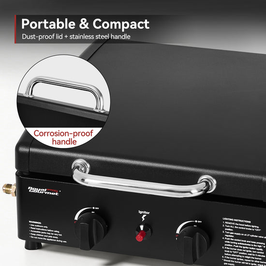Portable Royal Gourmet grill with a focus on its handle and branding, featuring text about features.