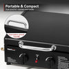 Portable Royal Gourmet grill with a focus on its handle and branding, featuring text about features.