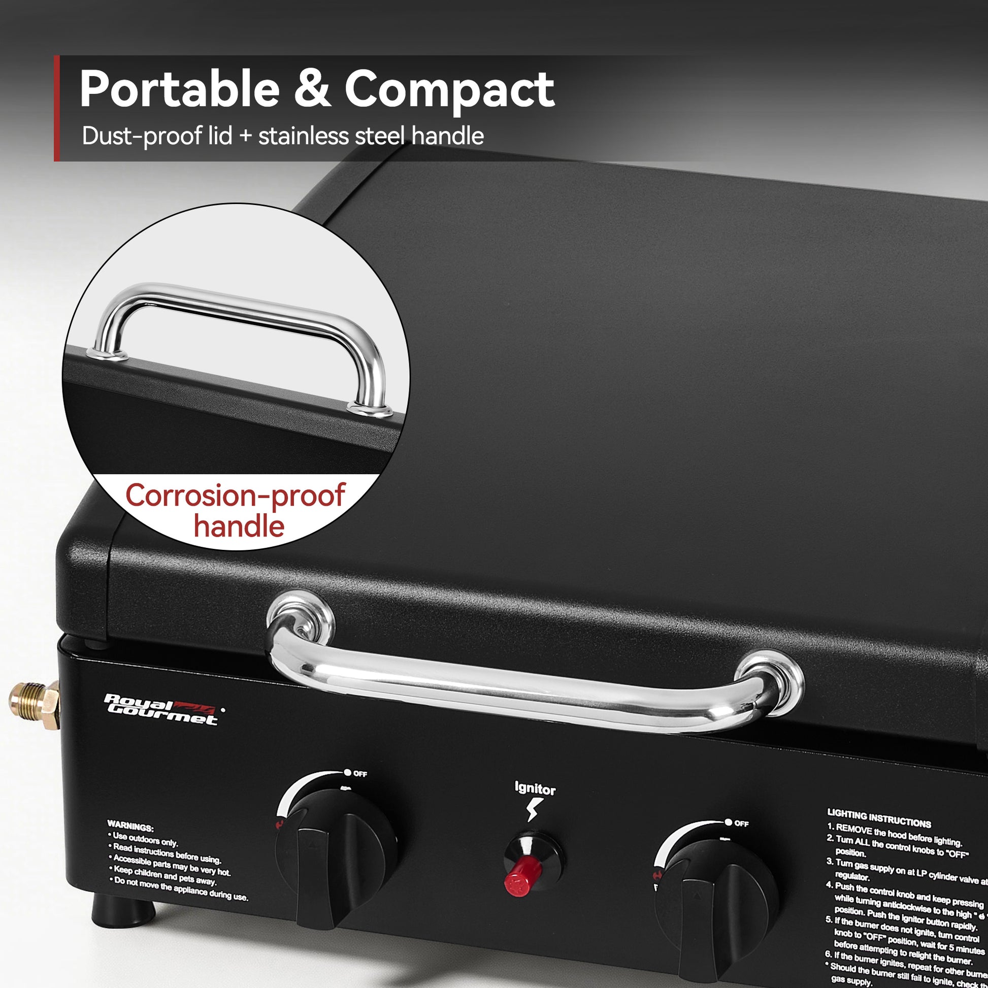 Portable Royal Gourmet grill with a focus on its handle and branding, featuring text about features.
