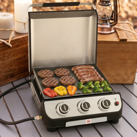 Portable Flat Top Gas Griddle with Hood, Black