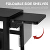 Close-up of a black foldable side shelf on a table, with text reading 'FOLDABLE SIDE SHELVES' and a red arrow indicating it can be unfolded for more capacity.