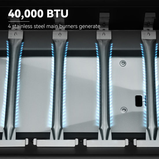 Stainless steel Royal Gourmet gas burners with visible flames on a black background, highlighting 40,000 BTU capacity.