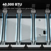 Stainless steel Royal Gourmet gas burners with visible flames on a black background, highlighting 40,000 BTU capacity.