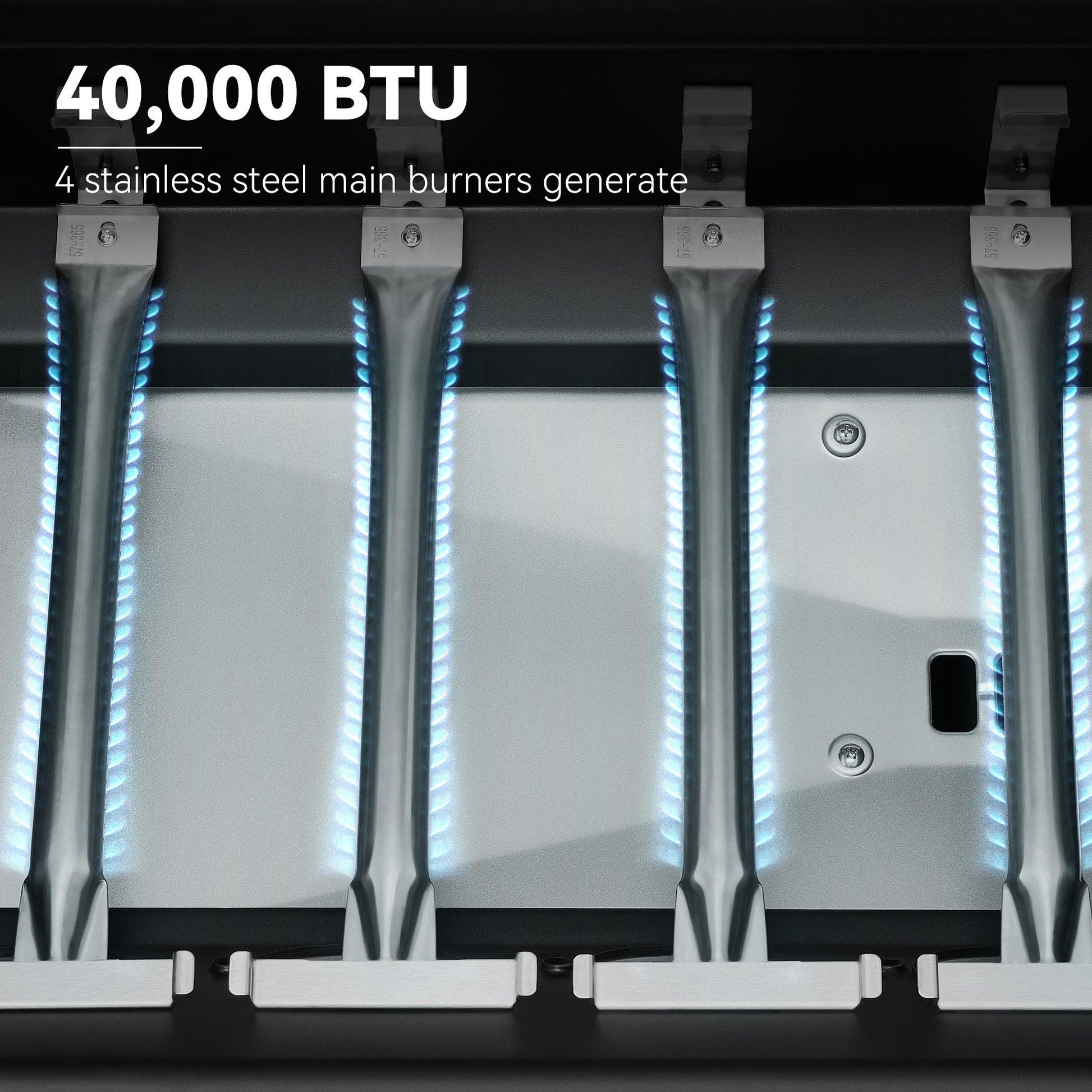 Stainless steel Royal Gourmet gas burners with visible flames on a black background, highlighting 40,000 BTU capacity.