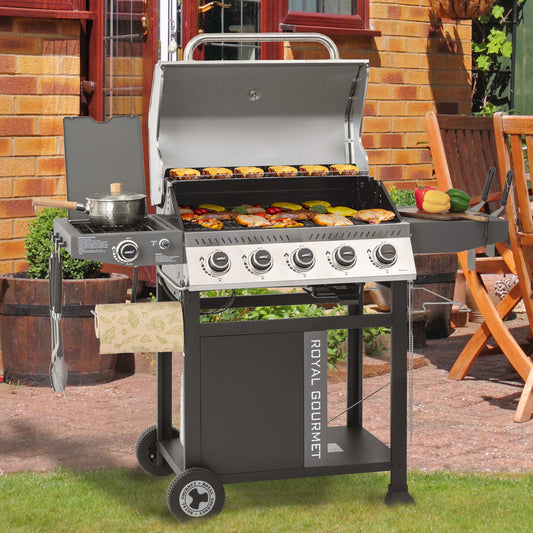 Outdoor setting with a Royal Gourmet grill cooking food on a patio.