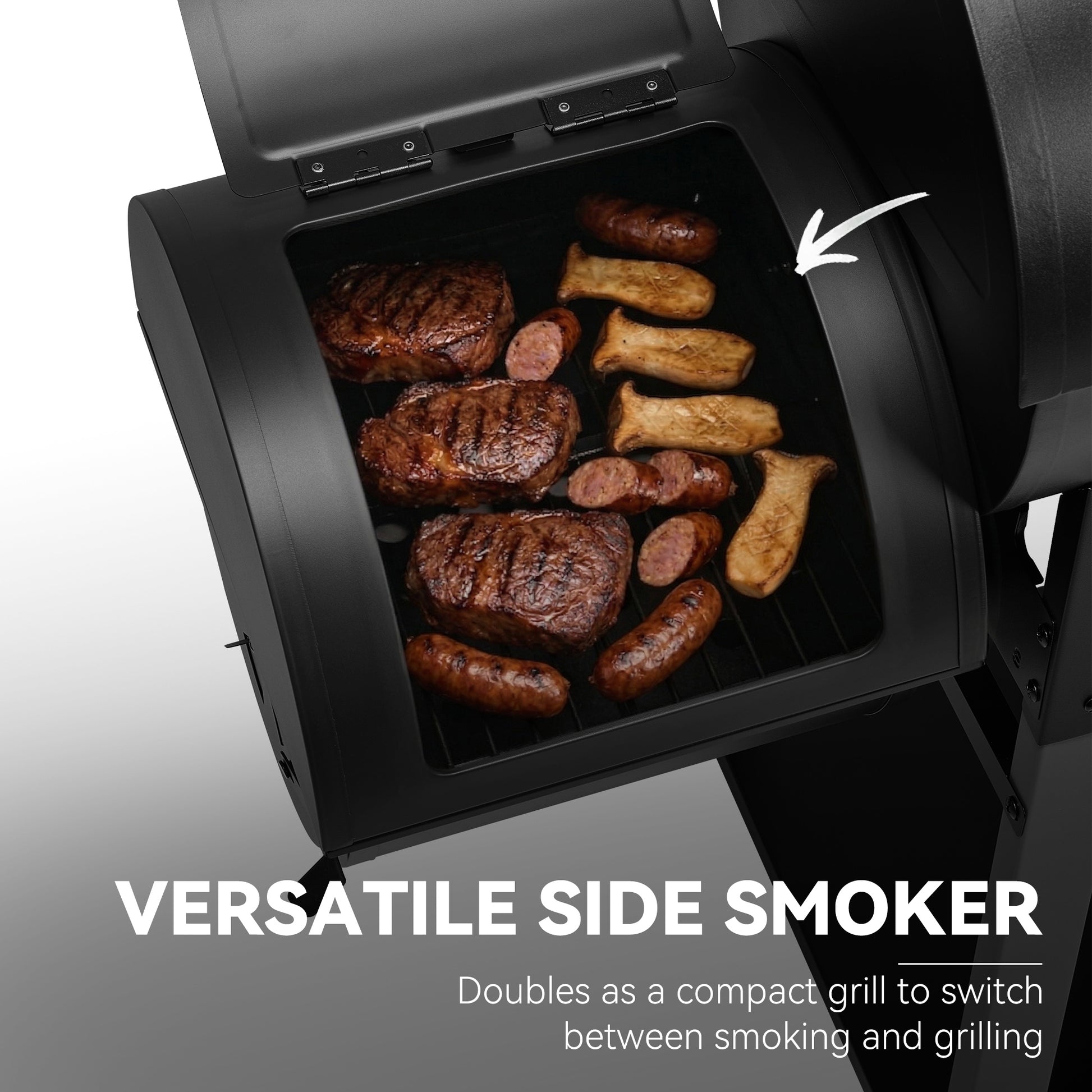 Black Royal Gourmet smoker with food inside on a white background