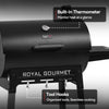 Black Royal Gourmet grill with built-in thermometer and tool hooks on a gray background