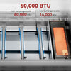 Close-up of a Royal Gourmet gas grill burner system with text reading 50,000 BTU, showing metallic burners, blue gas jets, and an orange glowing sear burner.