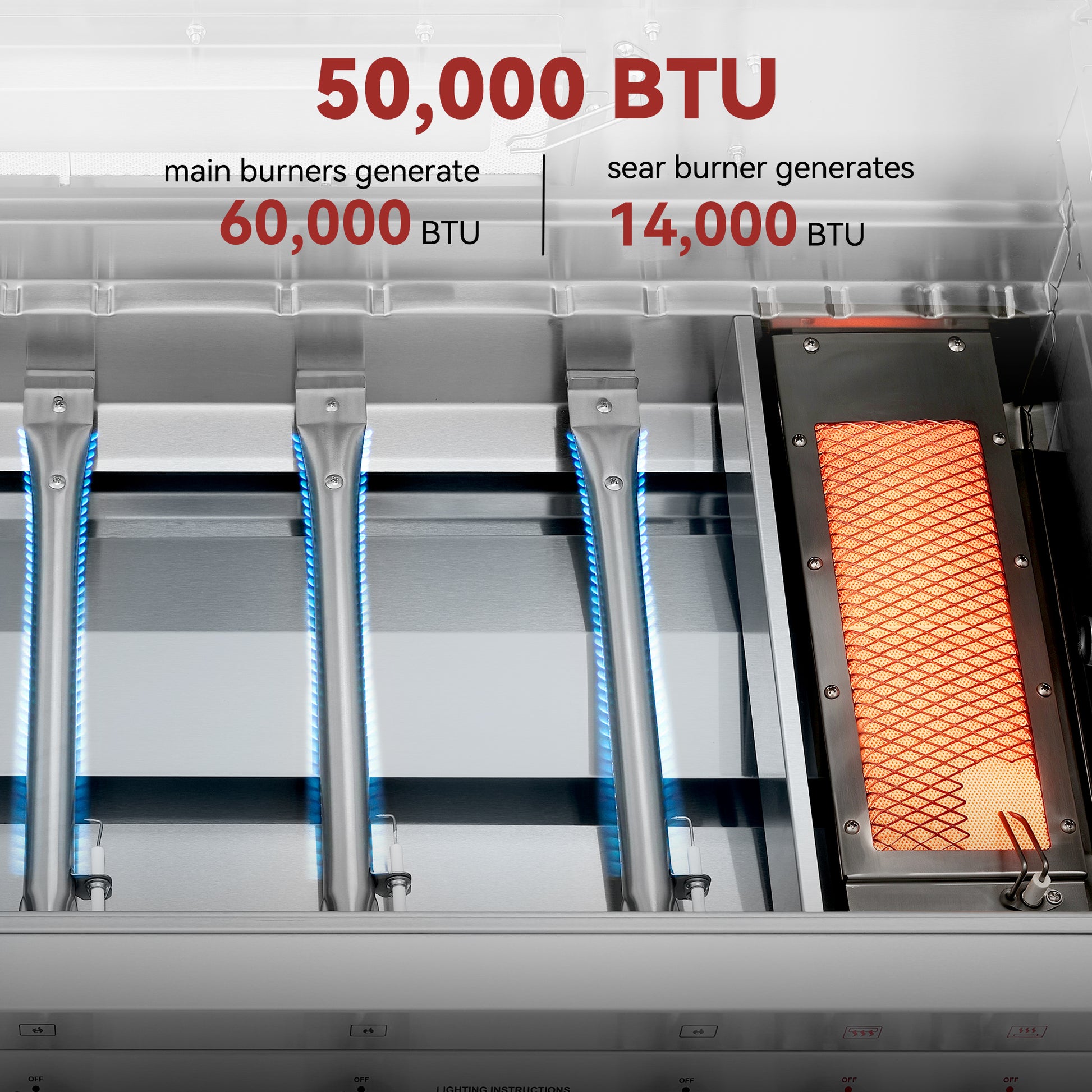 Close-up of a Royal Gourmet gas grill burner system with text reading 50,000 BTU, showing metallic burners, blue gas jets, and an orange glowing sear burner.