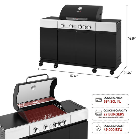 Black and stainless steel Royal Gourmet gas grill with dimension measurements shown on a white background, plus a smaller open-view inset and cooking capacity text callouts.
