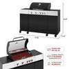Black and stainless steel Royal Gourmet gas grill with dimension measurements shown on a white background, plus a smaller open-view inset and cooking capacity text callouts.