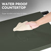 Royal Gourmet Hand cleaning a waterproof countertop with a cloth, text indicating durability and ease of cleaning.