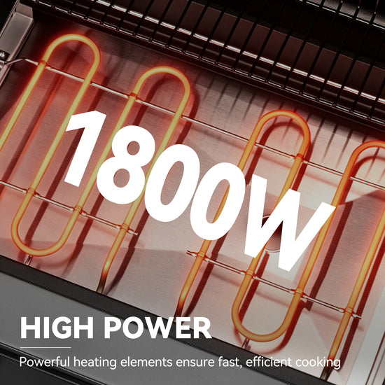 Close-up of a high-power cooking appliance interior with glowing orange heating elements and large white text reading 1800W and HIGH POWER.