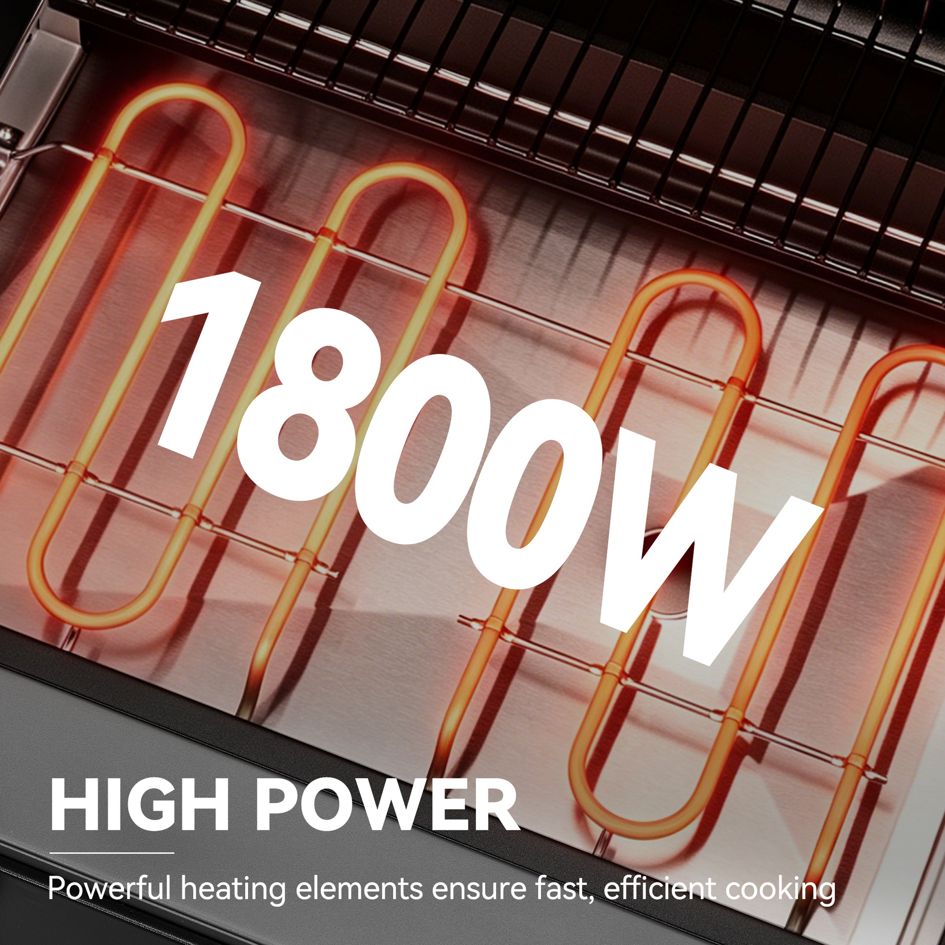 Close-up of a high-power cooking appliance interior with glowing orange heating elements and large white text reading 1800W and HIGH POWER.